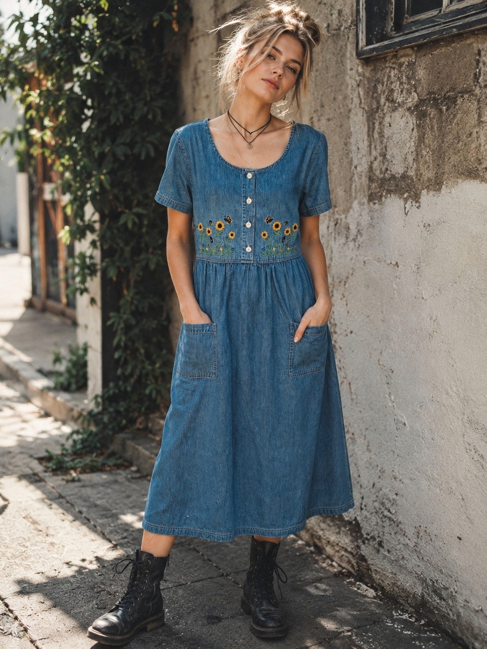 Pellini Blues Vintage Denim Embroidered Midi Maxi Dress Size Large Cottagecor